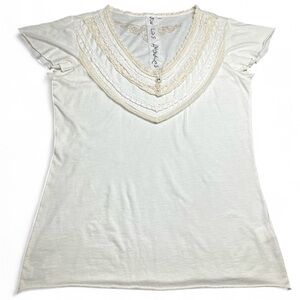 Johnny Was Cream Top with lace and antique button trim, M